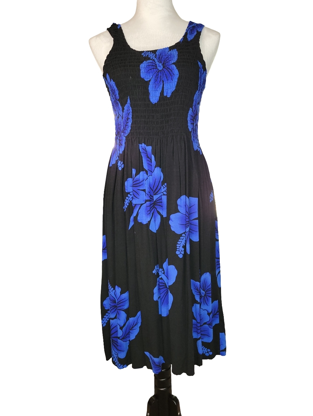 Aloha Hut Hawaii Blue Hibiscus Smocked Sundress Tropical Luau One Size